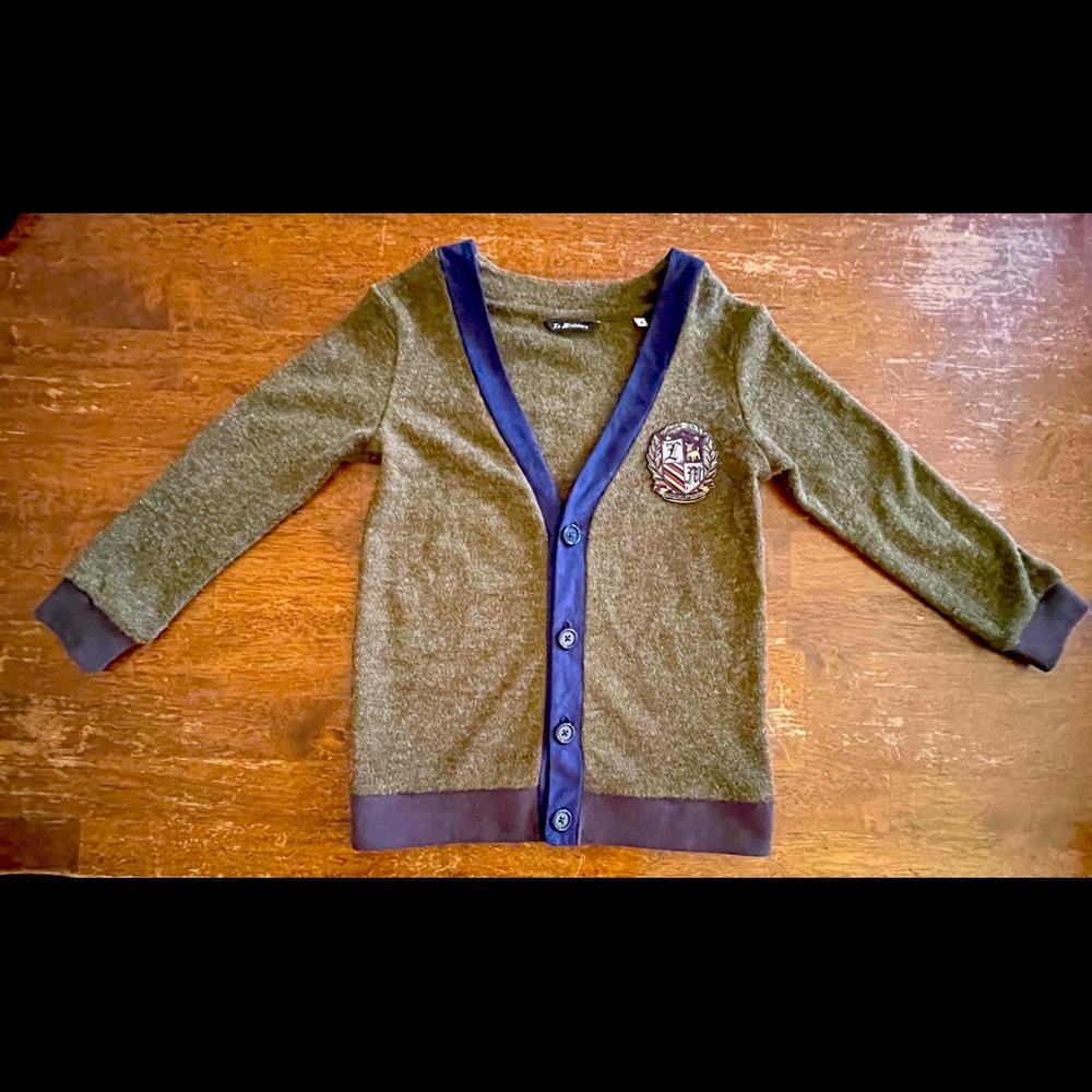 La Miniatura cardigan, size 6, boys girls kids patch elbow patches green sweater